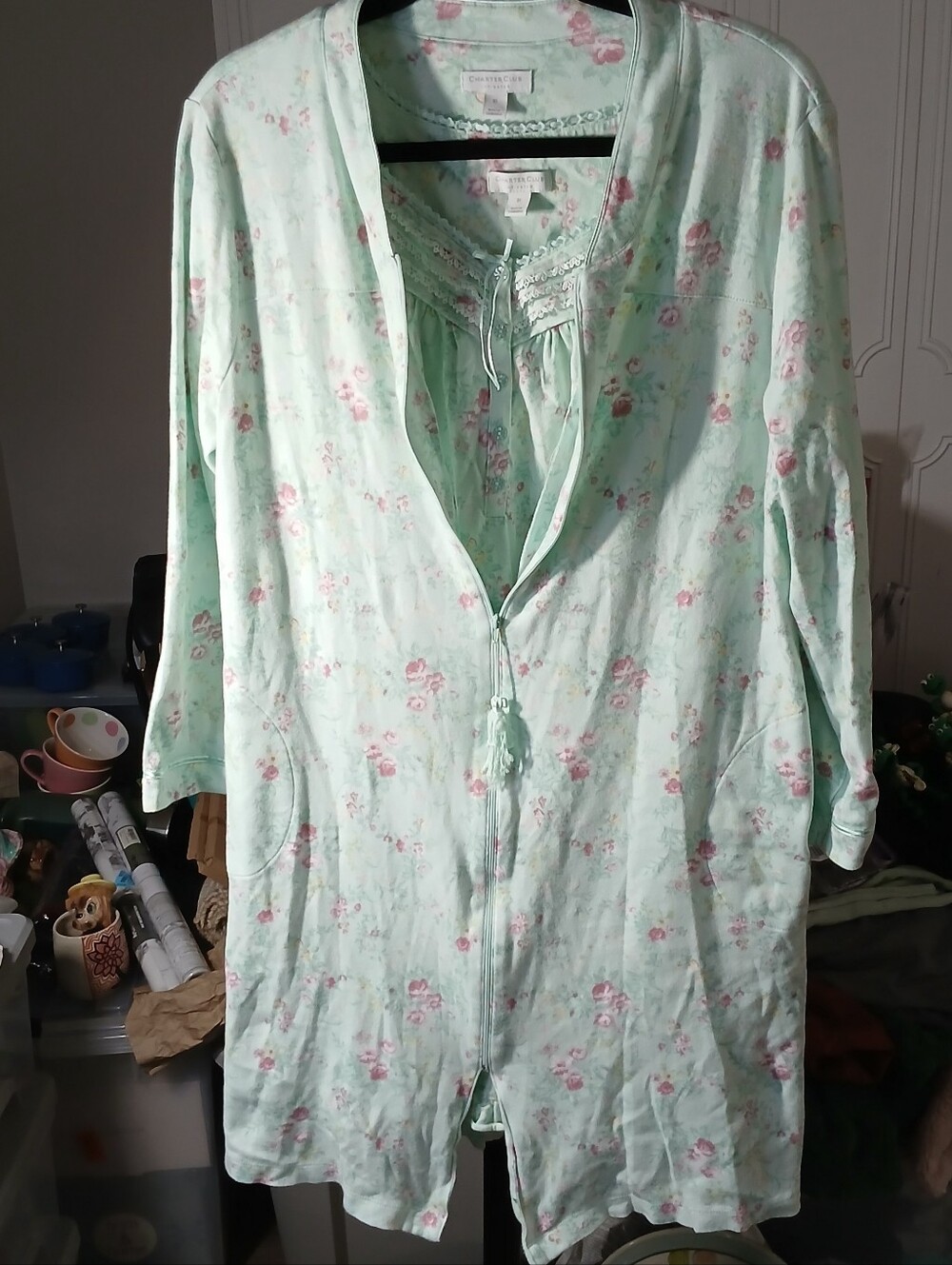 Charter Club Mint Green Floral Nightgown And Matching Full Zip Robe 100% Cotton